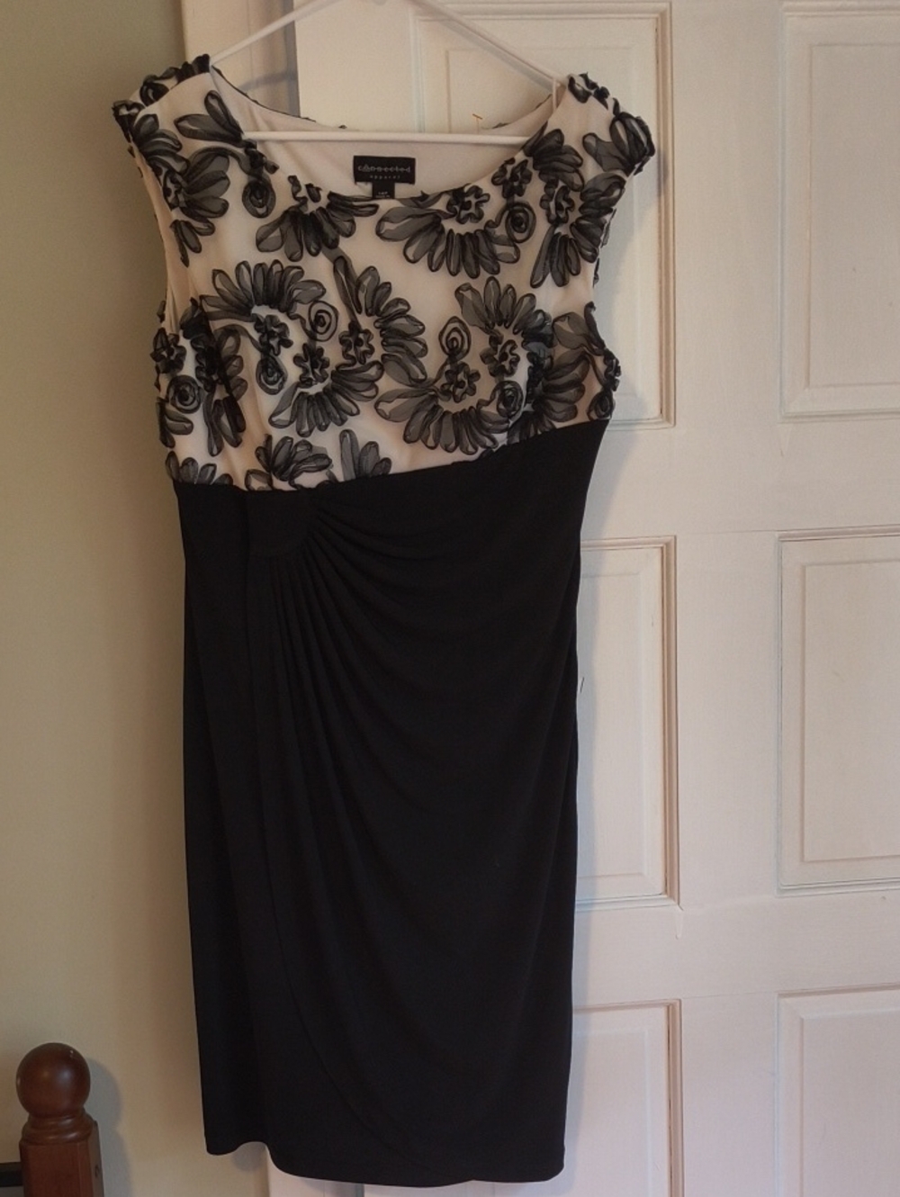 Connected Apparel Black & Ivory Floral Appliqué Sheath Dress